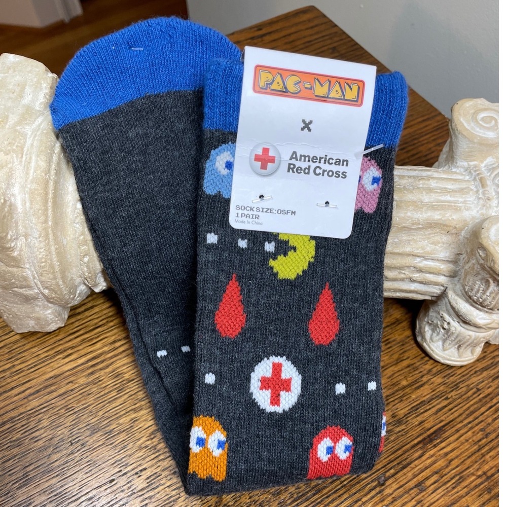Pac-Man x American Red Cross Crew Socks Grey Blue OSFM Retro Gaming Blood Donor